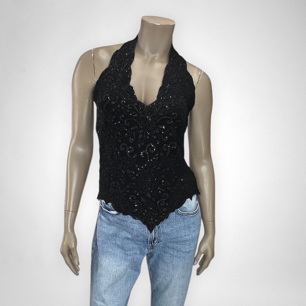 Vintage TADASHI 90's Sparkle Halter Black Top M